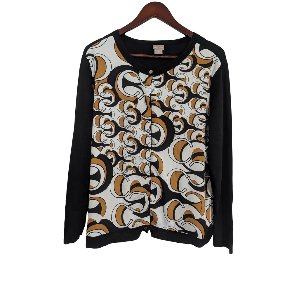 Chicos Geometric Swirl Mixed Media Cardigan Sweater Black Tan White Size 3/XL